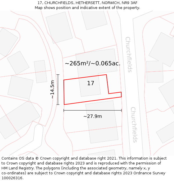 17, CHURCHFIELDS, HETHERSETT, NORWICH, NR9 3AF: Plot and title map