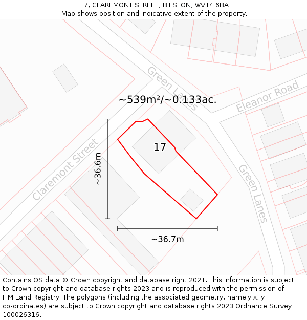 17, CLAREMONT STREET, BILSTON, WV14 6BA: Plot and title map