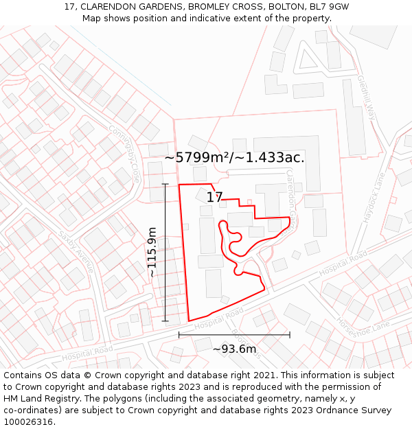 17, CLARENDON GARDENS, BROMLEY CROSS, BOLTON, BL7 9GW: Plot and title map