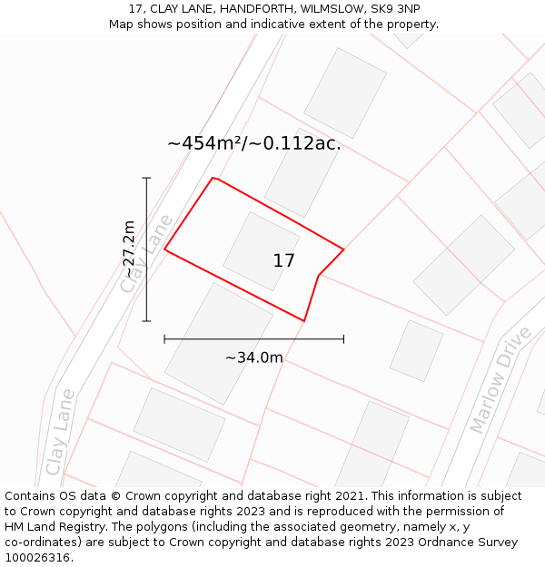 17, CLAY LANE, HANDFORTH, WILMSLOW, SK9 3NP: Plot and title map