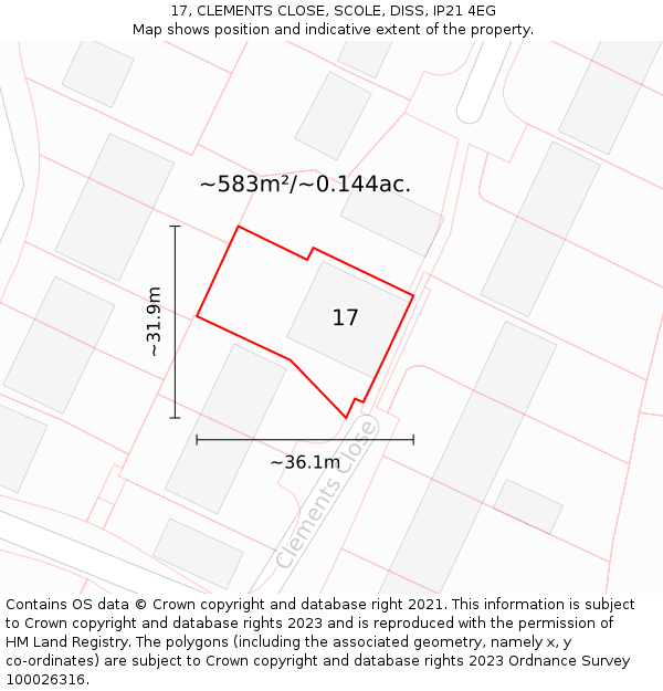 17, CLEMENTS CLOSE, SCOLE, DISS, IP21 4EG: Plot and title map