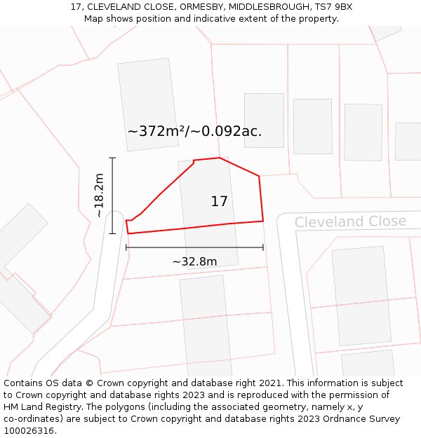 17, CLEVELAND CLOSE, ORMESBY, MIDDLESBROUGH, TS7 9BX: Plot and title map