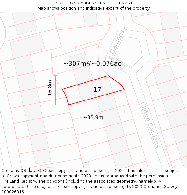 17, CLIFTON GARDENS, ENFIELD, EN2 7PL: Plot and title map