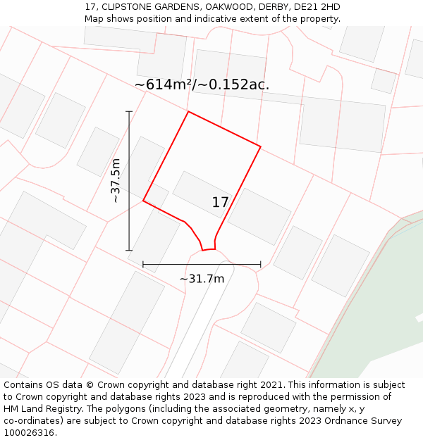 17, CLIPSTONE GARDENS, OAKWOOD, DERBY, DE21 2HD: Plot and title map