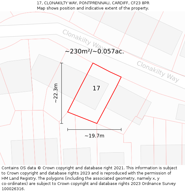 17, CLONAKILTY WAY, PONTPRENNAU, CARDIFF, CF23 8PR: Plot and title map