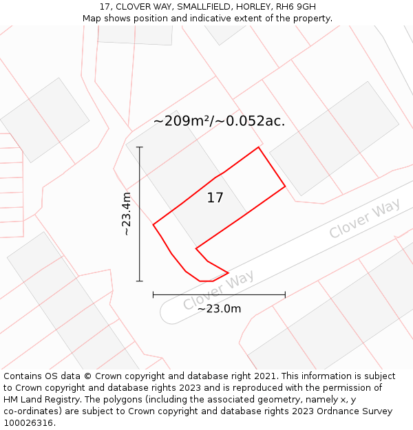 17, CLOVER WAY, SMALLFIELD, HORLEY, RH6 9GH: Plot and title map