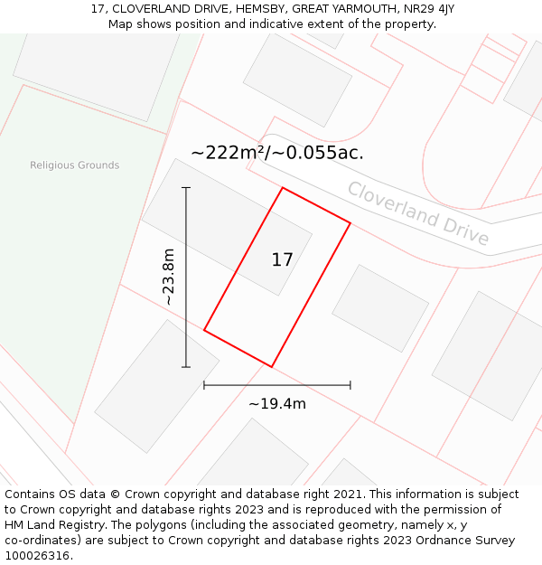 17, CLOVERLAND DRIVE, HEMSBY, GREAT YARMOUTH, NR29 4JY: Plot and title map