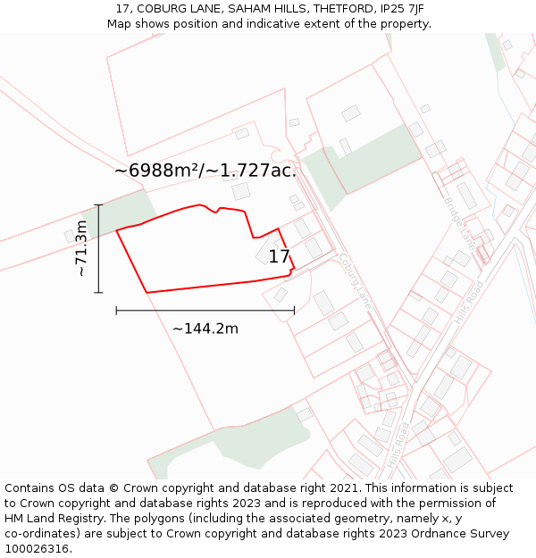 17, COBURG LANE, SAHAM HILLS, THETFORD, IP25 7JF: Plot and title map