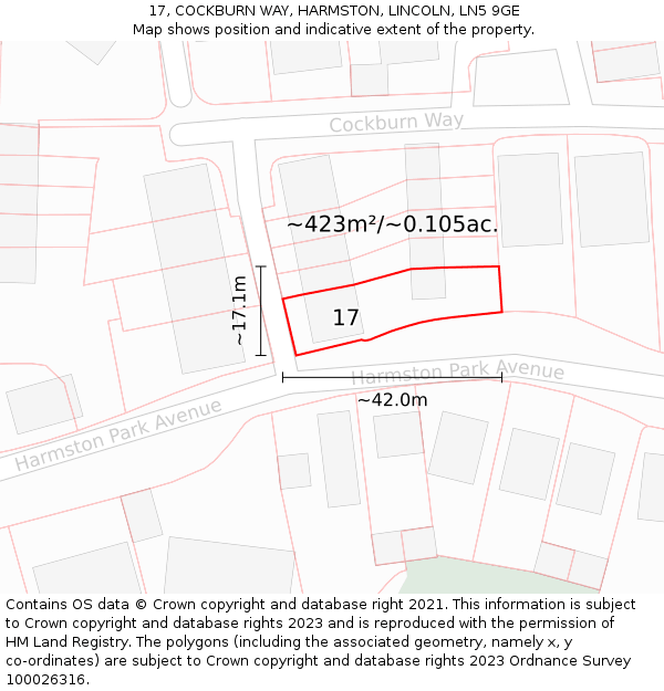17, COCKBURN WAY, HARMSTON, LINCOLN, LN5 9GE: Plot and title map