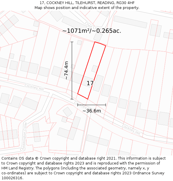 17, COCKNEY HILL, TILEHURST, READING, RG30 4HF: Plot and title map