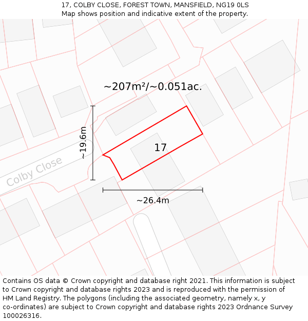 17, COLBY CLOSE, FOREST TOWN, MANSFIELD, NG19 0LS: Plot and title map