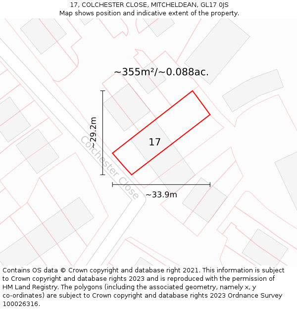 17, COLCHESTER CLOSE, MITCHELDEAN, GL17 0JS: Plot and title map