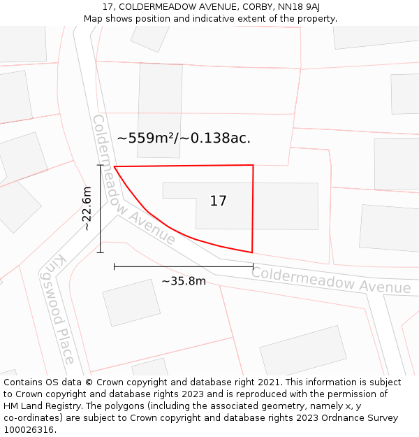 17, COLDERMEADOW AVENUE, CORBY, NN18 9AJ: Plot and title map