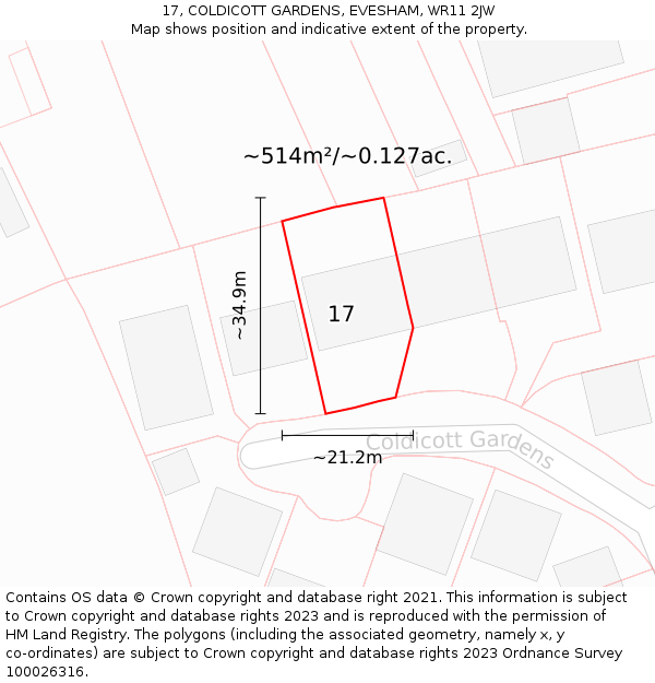 17, COLDICOTT GARDENS, EVESHAM, WR11 2JW: Plot and title map