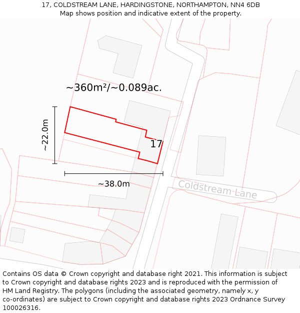 17, COLDSTREAM LANE, HARDINGSTONE, NORTHAMPTON, NN4 6DB: Plot and title map