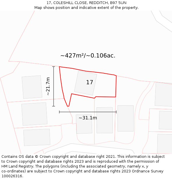 17, COLESHILL CLOSE, REDDITCH, B97 5UN: Plot and title map