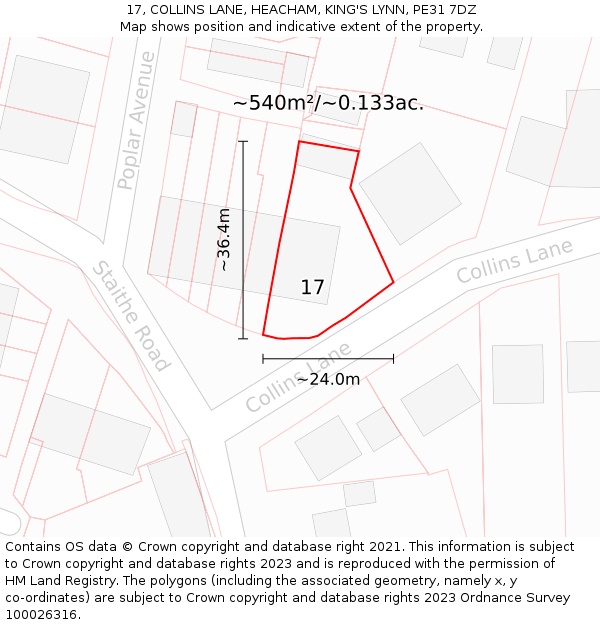 17, COLLINS LANE, HEACHAM, KING'S LYNN, PE31 7DZ: Plot and title map