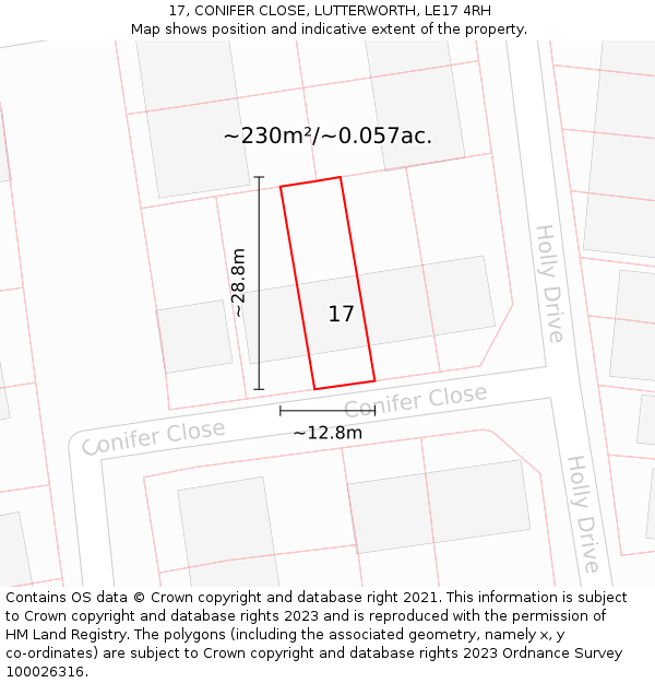 17, CONIFER CLOSE, LUTTERWORTH, LE17 4RH: Plot and title map