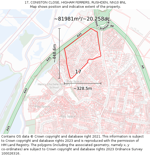 17, CONISTON CLOSE, HIGHAM FERRERS, RUSHDEN, NN10 8NL: Plot and title map
