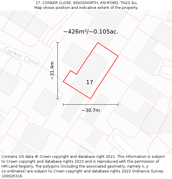 17, CONKER CLOSE, KINGSNORTH, ASHFORD, TN23 3LL: Plot and title map