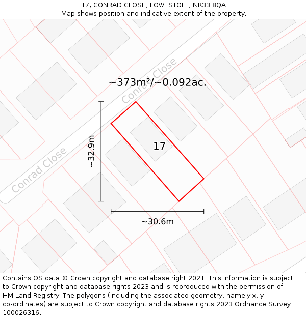 17, CONRAD CLOSE, LOWESTOFT, NR33 8QA: Plot and title map