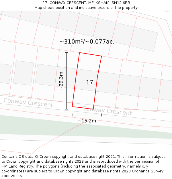 17, CONWAY CRESCENT, MELKSHAM, SN12 6BB: Plot and title map