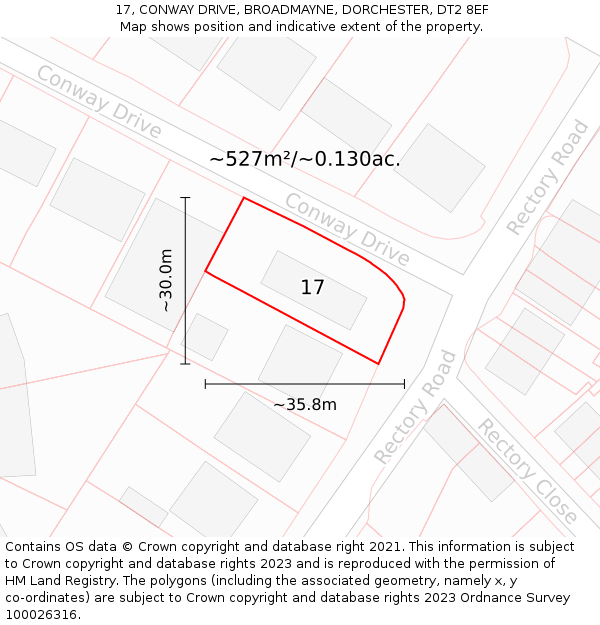 17, CONWAY DRIVE, BROADMAYNE, DORCHESTER, DT2 8EF: Plot and title map