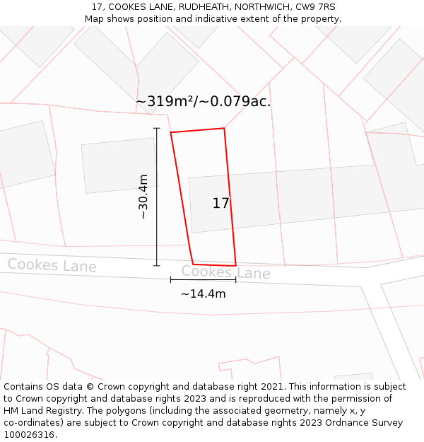 17, COOKES LANE, RUDHEATH, NORTHWICH, CW9 7RS: Plot and title map