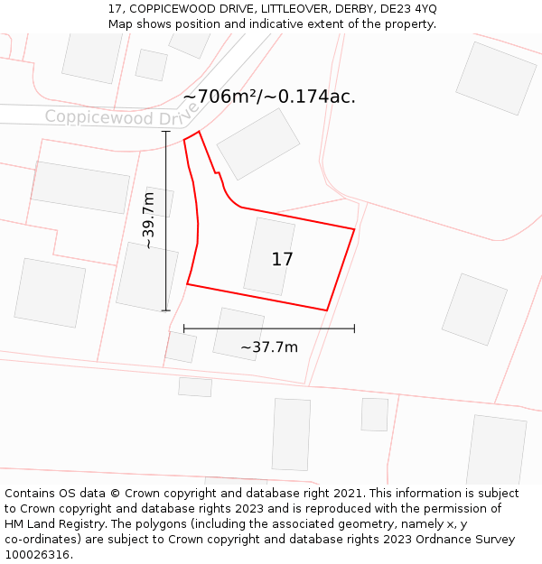 17, COPPICEWOOD DRIVE, LITTLEOVER, DERBY, DE23 4YQ: Plot and title map