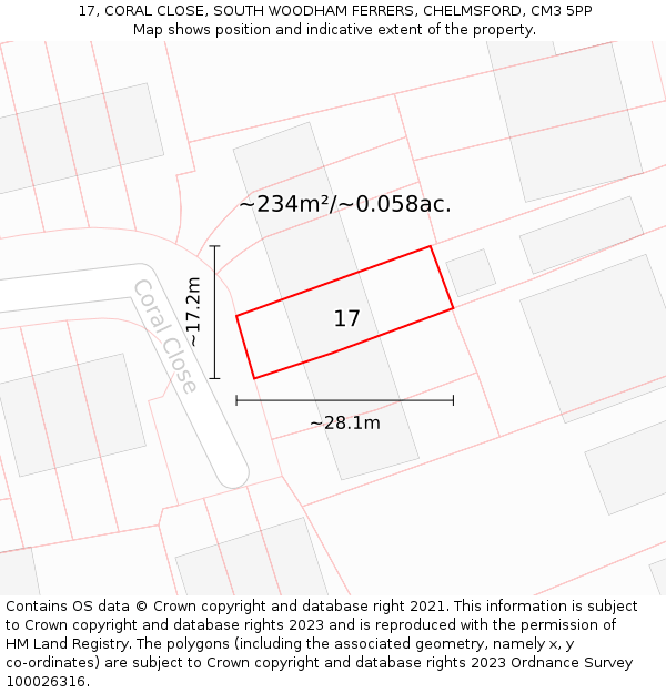 17, CORAL CLOSE, SOUTH WOODHAM FERRERS, CHELMSFORD, CM3 5PP: Plot and title map