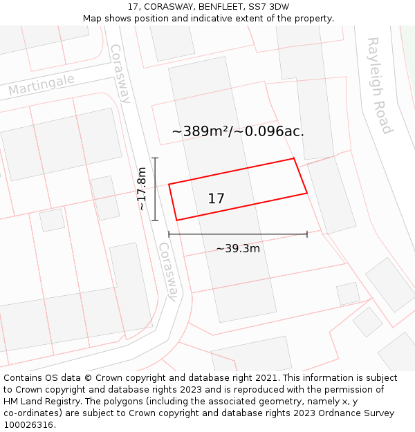 17, CORASWAY, BENFLEET, SS7 3DW: Plot and title map