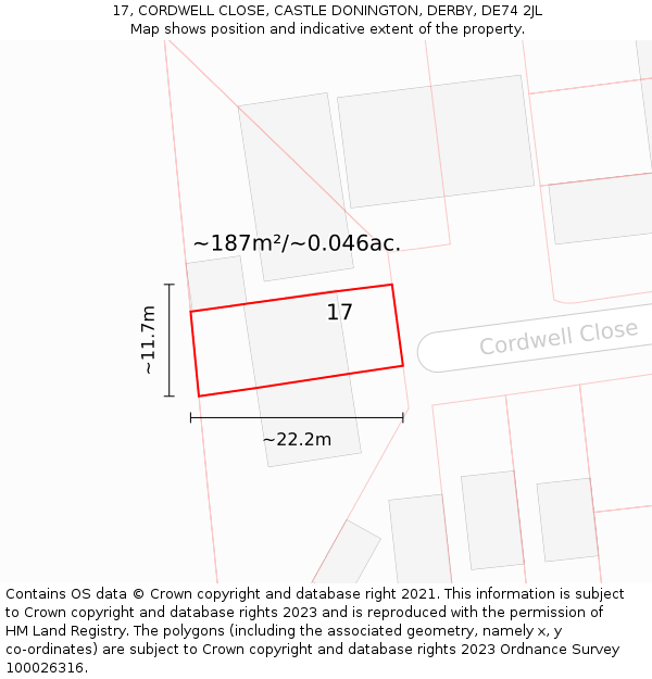 17, CORDWELL CLOSE, CASTLE DONINGTON, DERBY, DE74 2JL: Plot and title map
