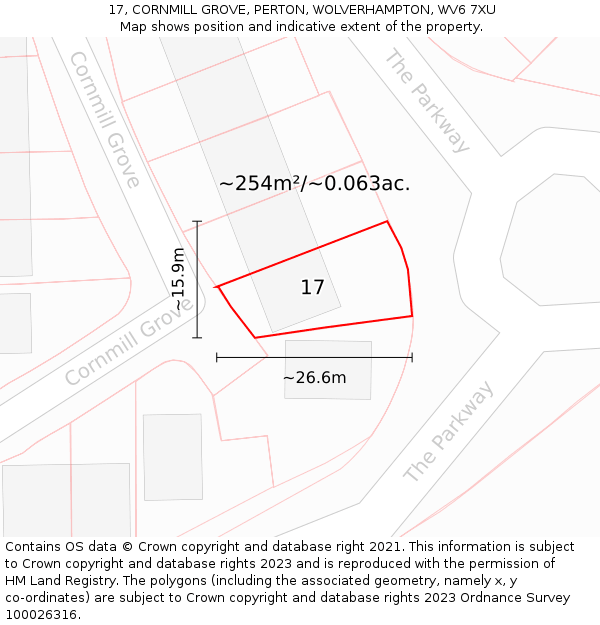 17, CORNMILL GROVE, PERTON, WOLVERHAMPTON, WV6 7XU: Plot and title map