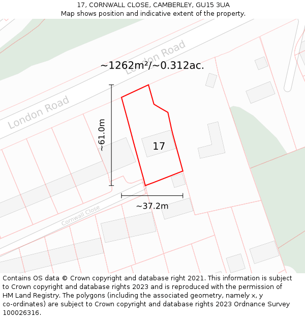 17, CORNWALL CLOSE, CAMBERLEY, GU15 3UA: Plot and title map