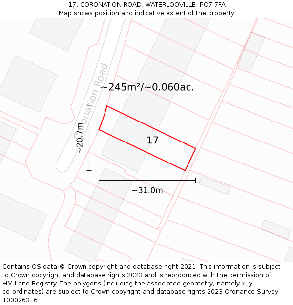 17, CORONATION ROAD, WATERLOOVILLE, PO7 7FA: Plot and title map