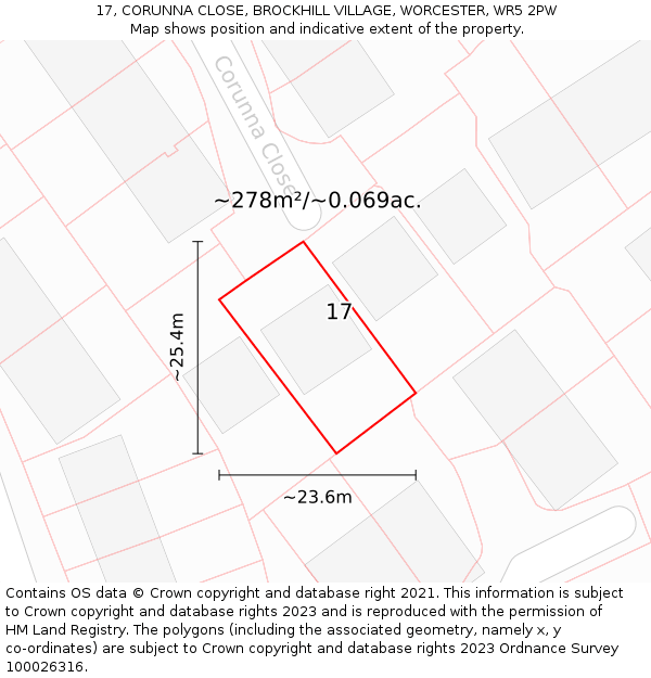 17, CORUNNA CLOSE, BROCKHILL VILLAGE, WORCESTER, WR5 2PW: Plot and title map