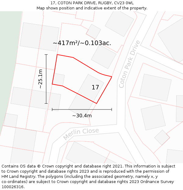 17, COTON PARK DRIVE, RUGBY, CV23 0WL: Plot and title map