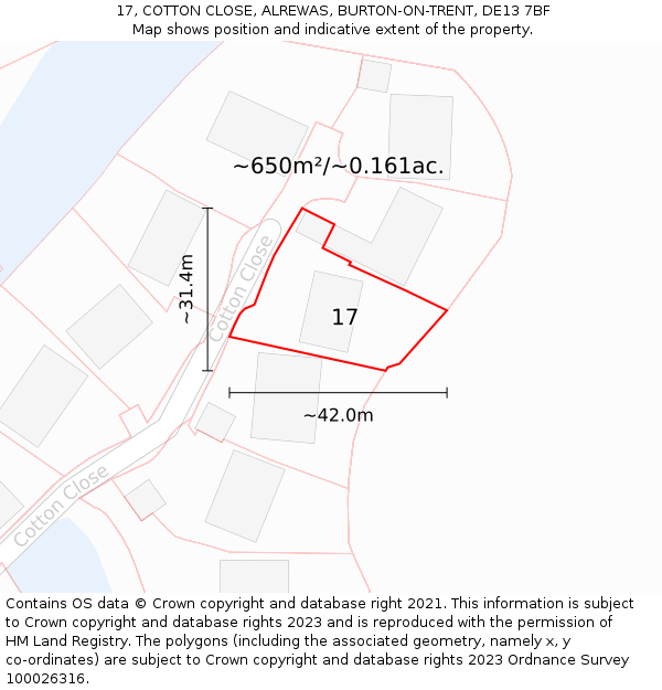 17, COTTON CLOSE, ALREWAS, BURTON-ON-TRENT, DE13 7BF: Plot and title map