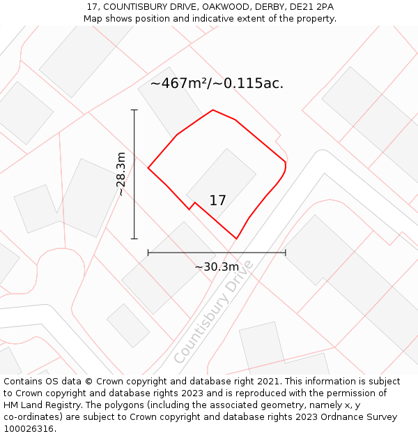 17, COUNTISBURY DRIVE, OAKWOOD, DERBY, DE21 2PA: Plot and title map