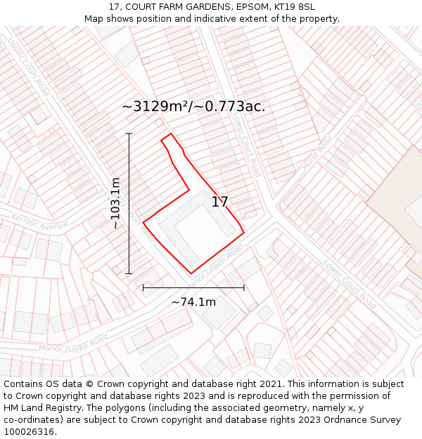 17, COURT FARM GARDENS, EPSOM, KT19 8SL: Plot and title map