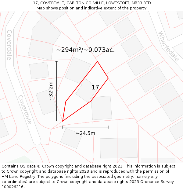 17, COVERDALE, CARLTON COLVILLE, LOWESTOFT, NR33 8TD: Plot and title map