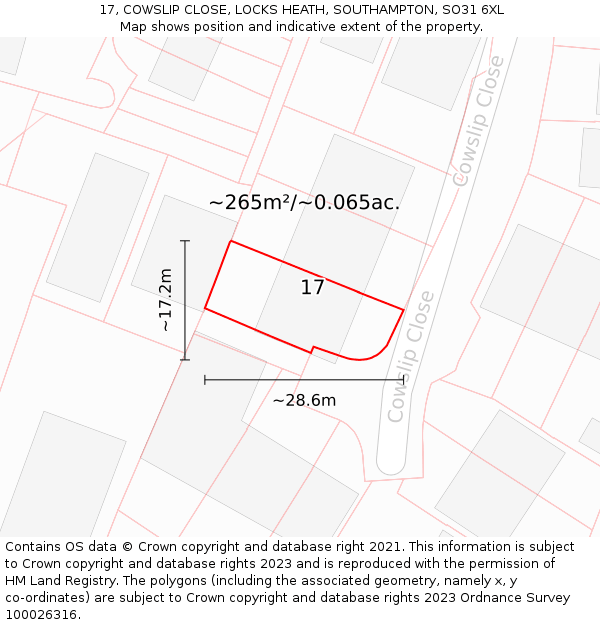 17, COWSLIP CLOSE, LOCKS HEATH, SOUTHAMPTON, SO31 6XL: Plot and title map
