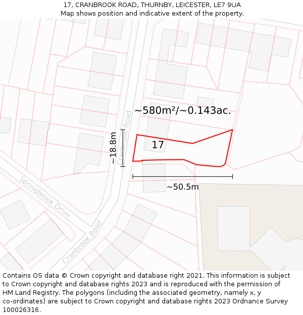 17, CRANBROOK ROAD, THURNBY, LEICESTER, LE7 9UA: Plot and title map