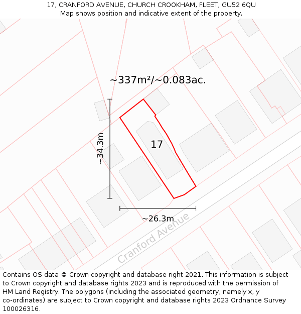 17, CRANFORD AVENUE, CHURCH CROOKHAM, FLEET, GU52 6QU: Plot and title map