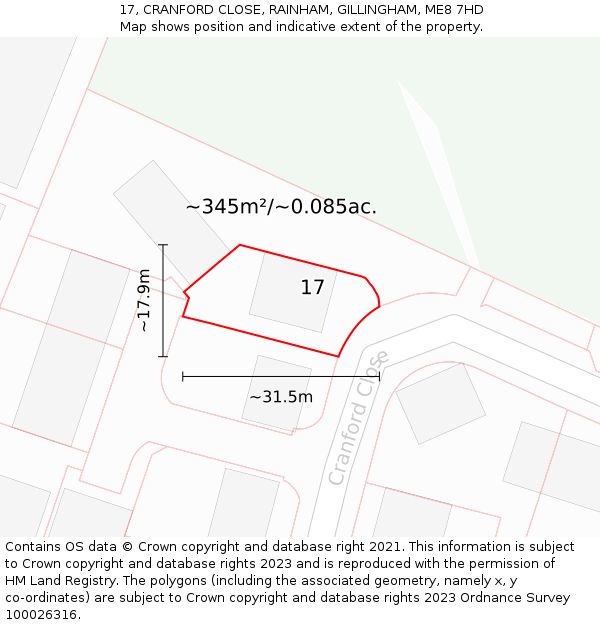 17, CRANFORD CLOSE, RAINHAM, GILLINGHAM, ME8 7HD: Plot and title map