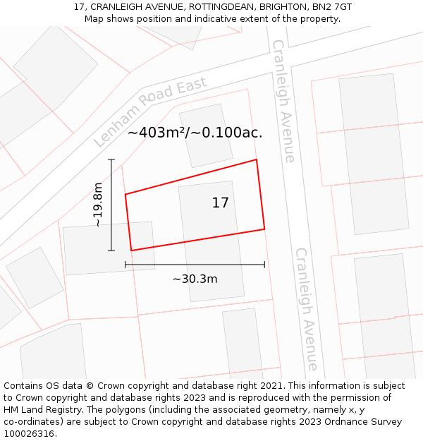 17, CRANLEIGH AVENUE, ROTTINGDEAN, BRIGHTON, BN2 7GT: Plot and title map