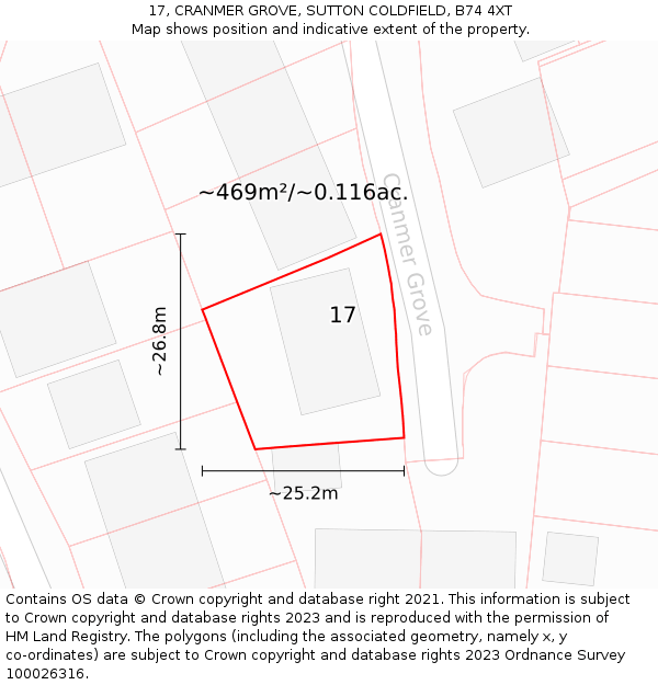 17, CRANMER GROVE, SUTTON COLDFIELD, B74 4XT: Plot and title map