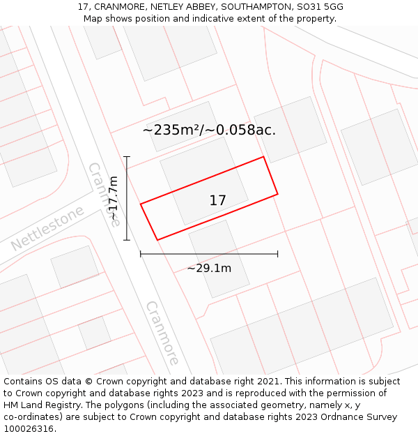 17, CRANMORE, NETLEY ABBEY, SOUTHAMPTON, SO31 5GG: Plot and title map