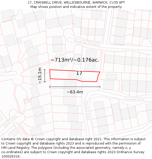 17, CRANWELL DRIVE, WELLESBOURNE, WARWICK, CV35 9PT: Plot and title map