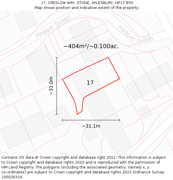 17, CRESLOW WAY, STONE, AYLESBURY, HP17 8YN: Plot and title map